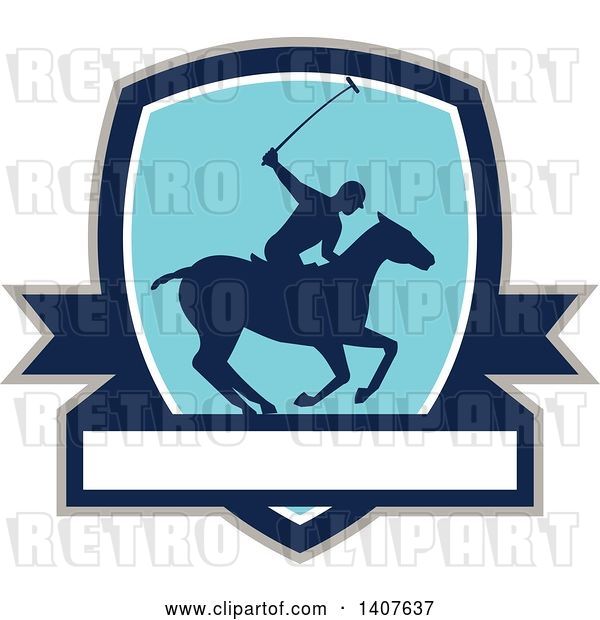 Vector Clip Art of Retro Silhouetted Polo Player on Horseback, Swinging a Mallet in a Shield over a Banner