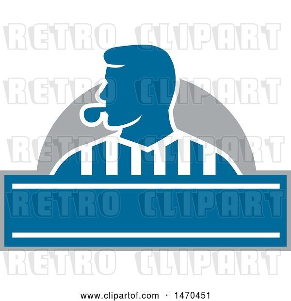 Vector Clip Art of Retro Silhouetted Referee Umpire Blowing a Whistle over a Blue Banner