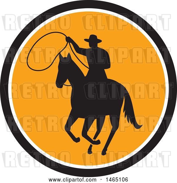 Vector Clip Art of Retro Silhouetted Roping Cowboy in Horseback in a Black White and Orange Circle