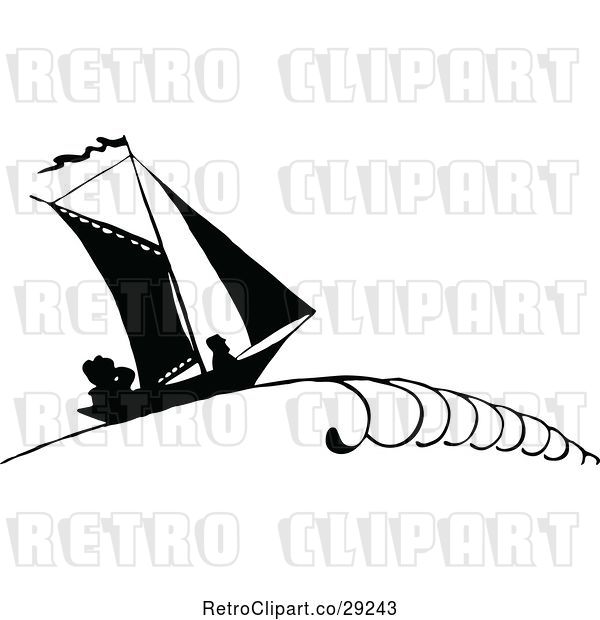 Vector Clip Art of Retro Silhouetted Sailboat with People