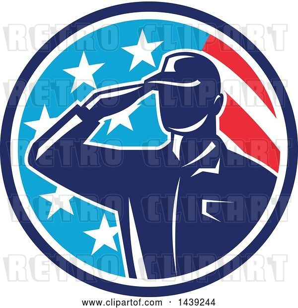 Vector Clip Art of Retro Silhouetted Saluting American Soldier in a Flag Circle