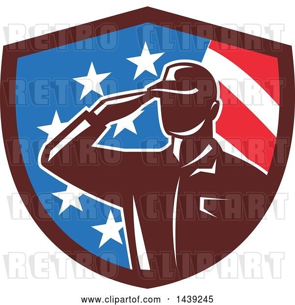 Vector Clip Art of Retro Silhouetted Saluting American Soldier in a Flag Shield