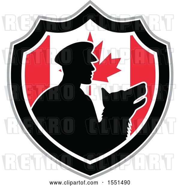 Vector Clip Art of Retro Silhouetted Security Guard and Dog in a Canadian Flag Shield