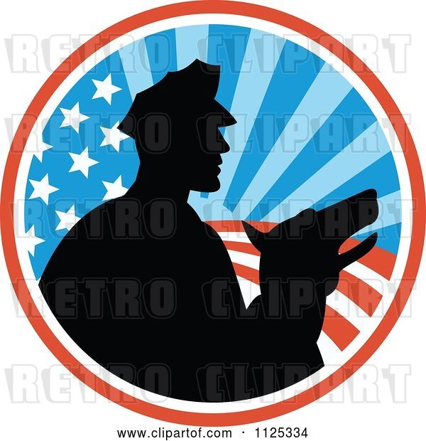 Vector Clip Art of Retro Silhouetted Security Guard and Dog over an American Circle
