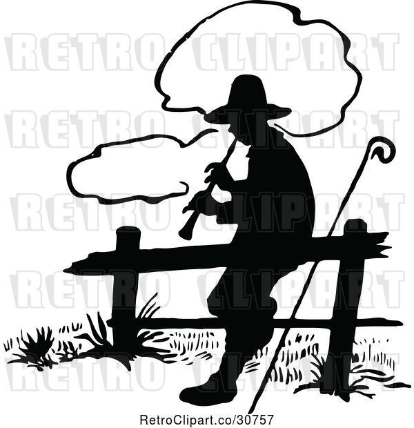 Vector Clip Art of Retro Silhouetted Shepherd Playing a Flute