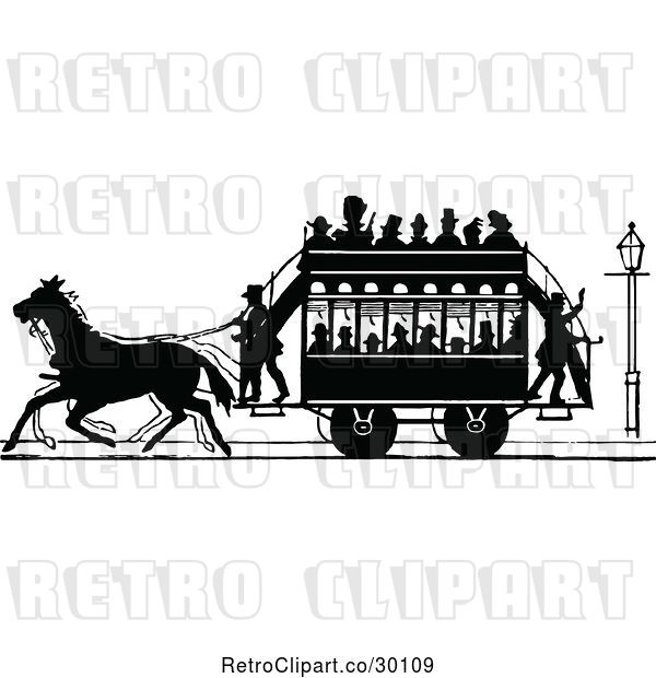 Vector Clip Art of Retro Silhouetted Stage Coach and Passengers 2