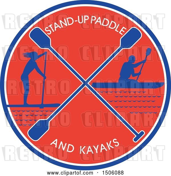 Vector Clip Art of Retro Silhouetted Stand up Paddler and Kayaker in a Blue White and Red Circle