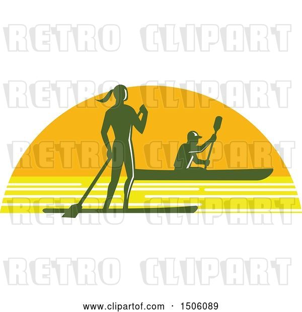 Vector Clip Art of Retro Silhouetted Stand up Paddler and Kayaker in a Sunset Half Circle