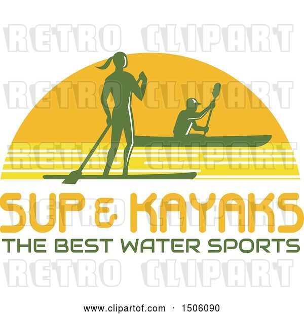 Vector Clip Art of Retro Silhouetted Stand up Paddler and Kayaker over Text in a Sunset Half Circle
