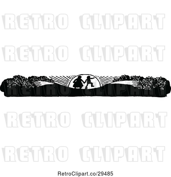 Vector Clip Art of Retro Silhouetted Sunset Couple Border