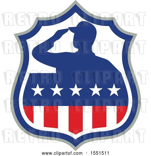 Vector Clip Art of Retro Silhouetted Veteran Soldier Saluting in an American Shield