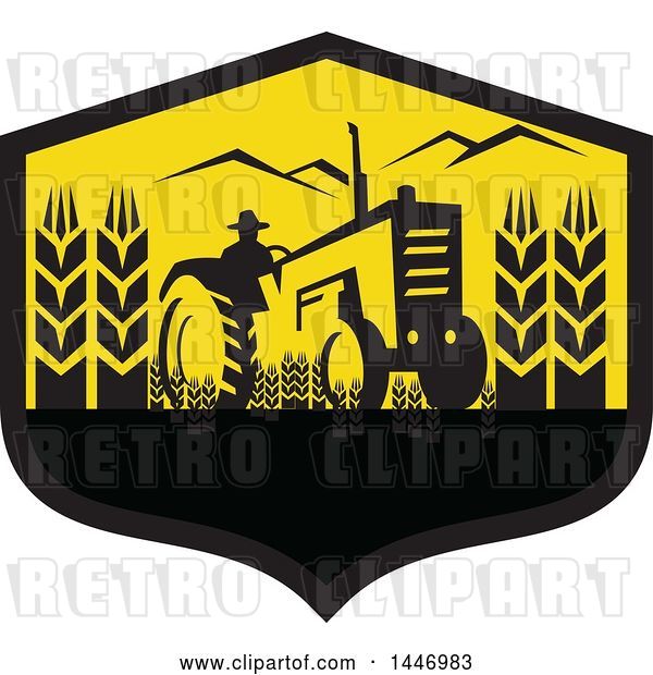 Vector Clip Art of Retro Silhouetted Wheat Farmer Operating a Tractor in a Black and Yellow Crest