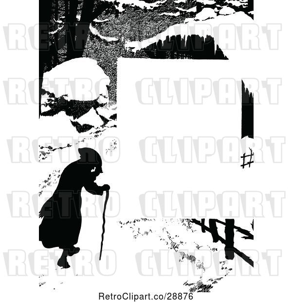 Vector Clip Art of Retro Silhouetted Winter Guy and Cane Page Border