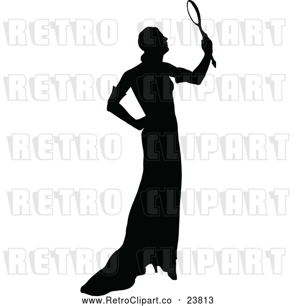 Vector Clip Art of Retro Silhouetted Woman Holding a Mirror