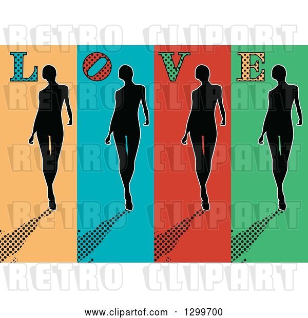 Vector Clip Art of Retro Silhouetted Women Walking on Colorful Panels, with Halftone Shadows and LOVE Text