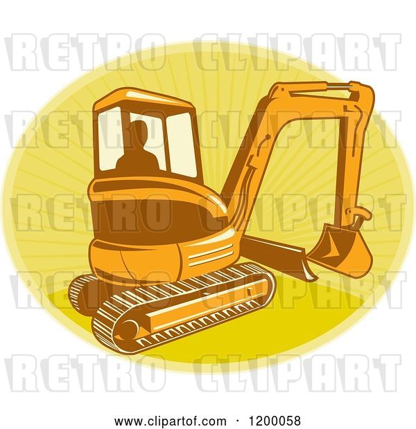 Vector Clip Art of Retro Silhouetted Worker Operating a Digger Excavator Machine over a Yellow Oval of Rays