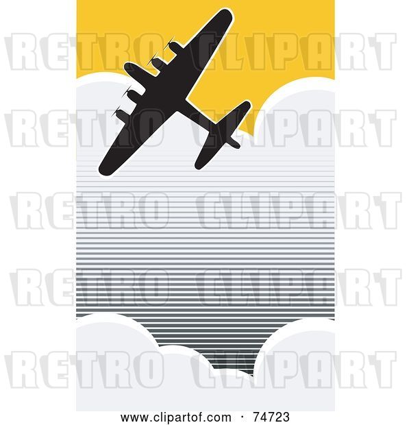 Vector Clip Art of Retro Silhouetted World War II Bomber Flying Through Clouds in a Yellow Sky