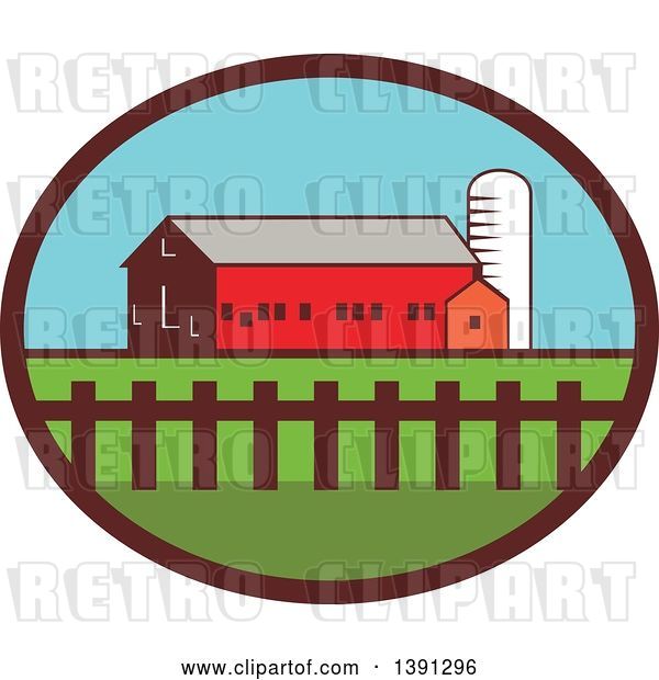 Vector Clip Art of Retro Silo, Barn and Shed in an Oval