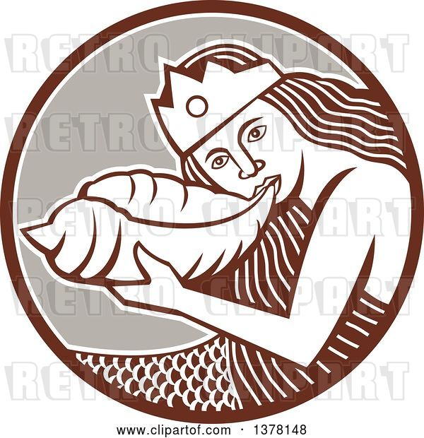 Vector Clip Art of Retro Siren Mermaid Blowing on a Shell in a Brown White and Taupe Circle