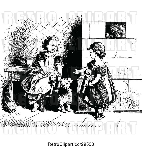 Vector Clip Art of Retro Sisters Playing with Dolls and Their Dog