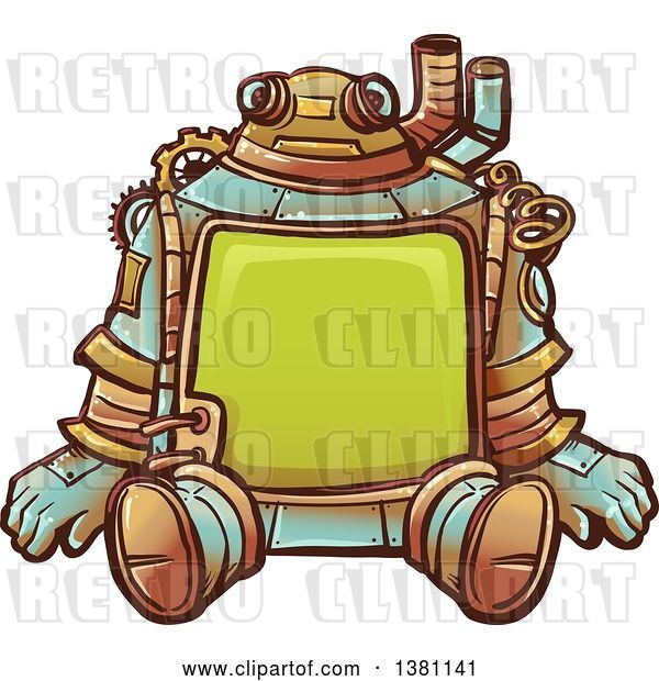 Vector Clip Art of Retro Sitting Steampunk Robot with a Frame Body