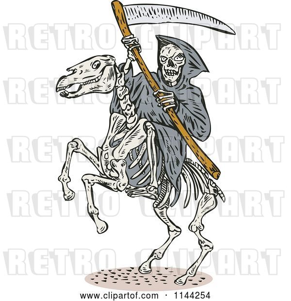 Vector Clip Art of Retro Skeleton Grim Reaper with a Scythe on a Horse