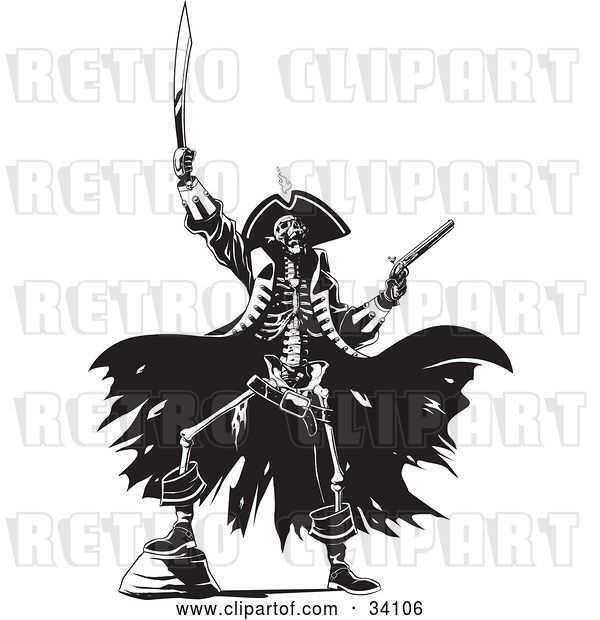 Vector Clip Art of Retro Skeleton Pirate Raising Hell, One Foot up on a Rock, Holding a Sword and Pistil