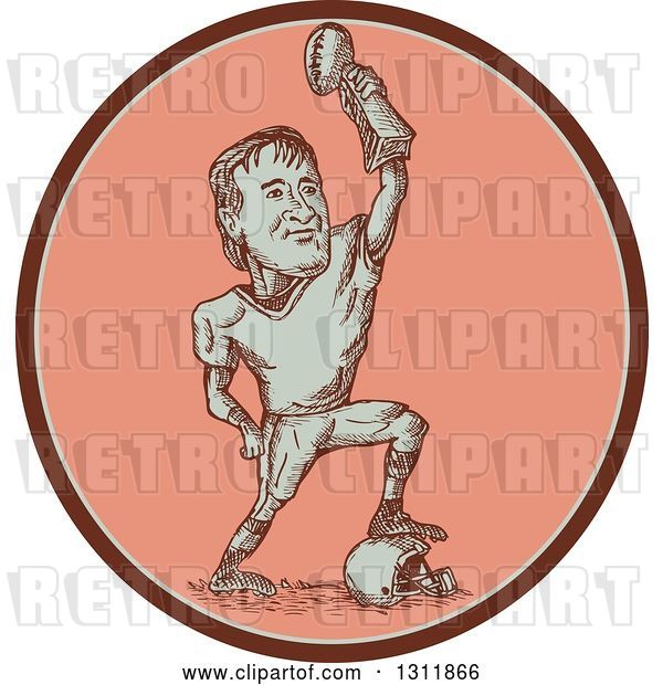 Vector Clip Art of Retro Sketched American Football Player Resting a Foot on a Helmet and Holding up a Trophy in a Pink Oval