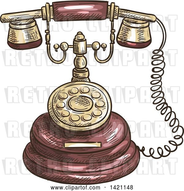 Vector Clip Art of Retro Sketched and Color Filled Telephone