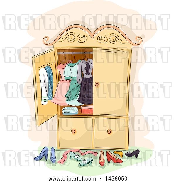 Vector Clip Art of Retro Sketched Antique Wardrobe Cabinet with Clothing and Shoes