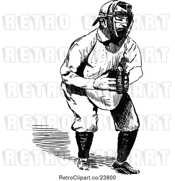 Vector Clip Art of Retro Sketched Baseball Player Catcher
