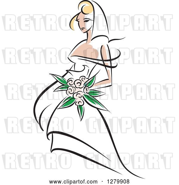 Vector Clip Art of Retro Sketched Blond Bride with Pastel Pink Flowers
