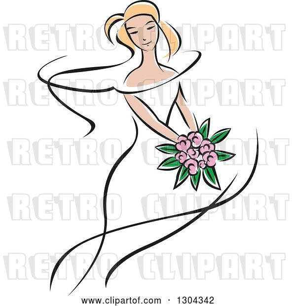 Vector Clip Art of Retro Sketched Blond White Bride with a Bouquet of Pink Flowers