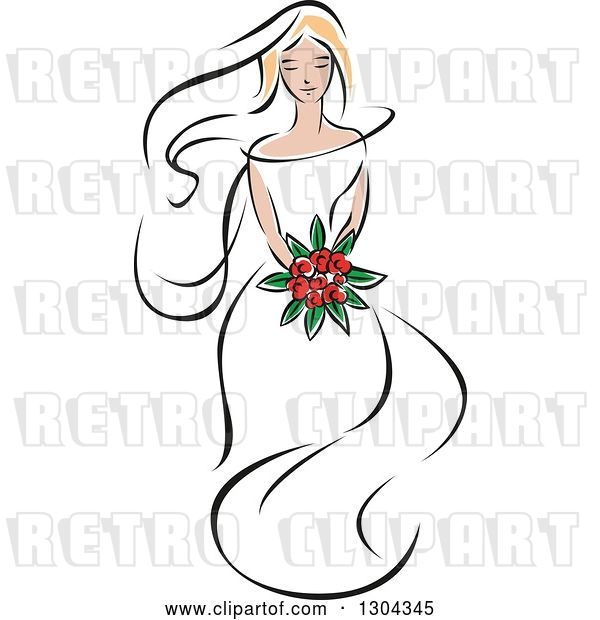 Vector Clip Art of Retro Sketched Blond White Bride with a Bouquet of Red Flowers