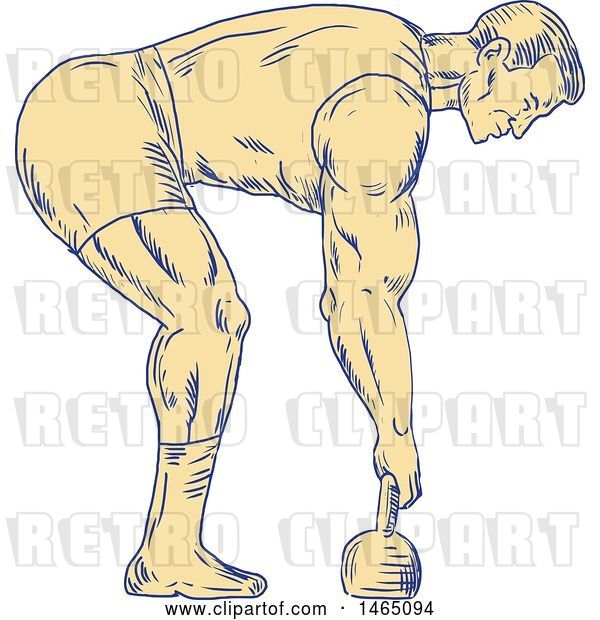 Vector Clip Art of Retro Sketched Bodybuilder in Profile, Bending over to Grab a Kettlebell