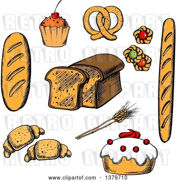 Vector Clip Art of Retro Sketched Bread and Pastries