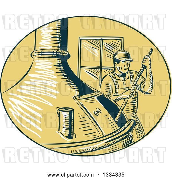 Vector Clip Art of Retro Sketched Brewmaster Stirring Beer in a Kettle
