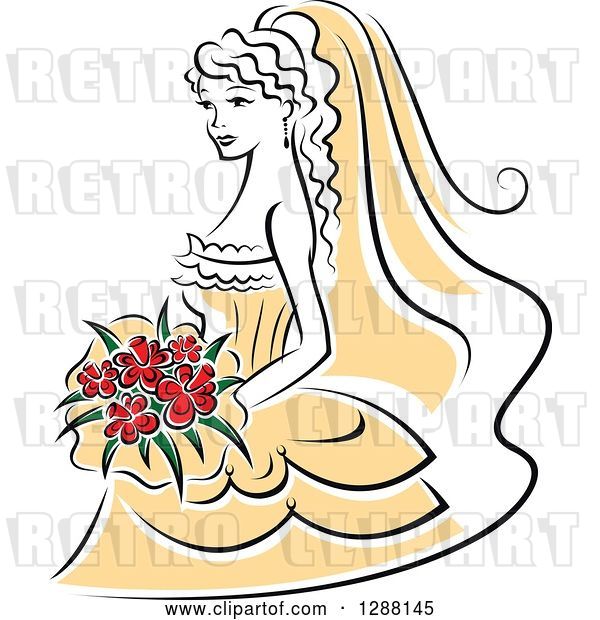 Vector Clip Art of Retro Sketched Bride with Red Flowers and a Yellow Dress