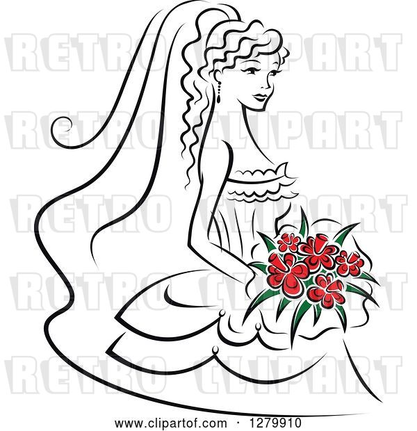 Vector Clip Art of Retro Sketched Bride with Red Flowers in Her Bouquet
