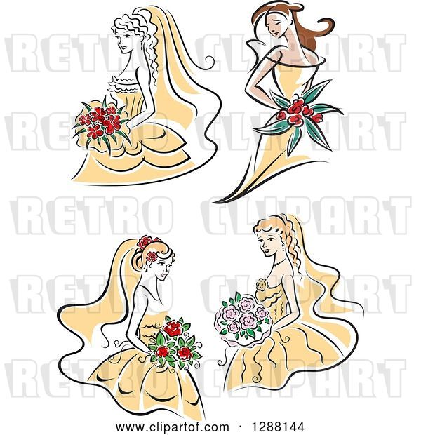Vector Clip Art of Retro Sketched Brided with Flowers and Yellow Dresses