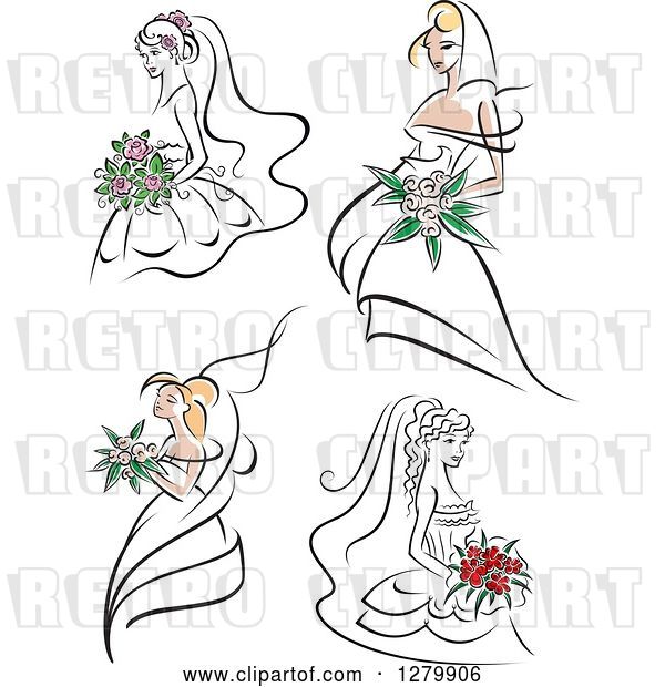 Vector Clip Art of Retro Sketched Brides with Pink and Red Flowers