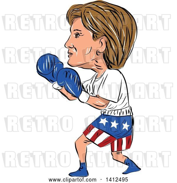 Vector Clip Art of Retro Sketched Caricature of Hillary Clinton Boxing