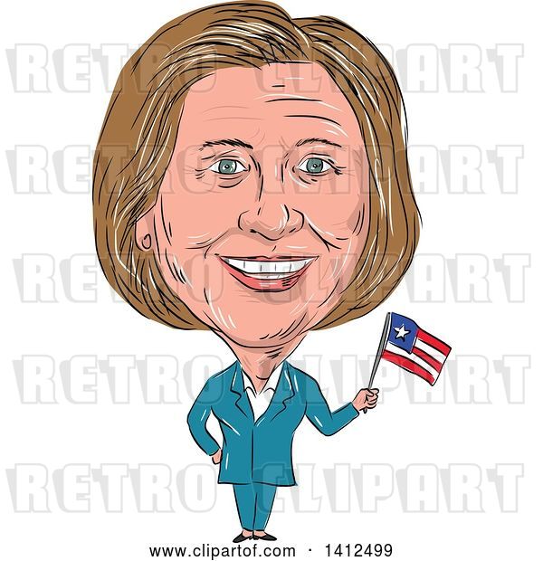 Vector Clip Art of Retro Sketched Caricature of Hillary Clinton Holding a Flag