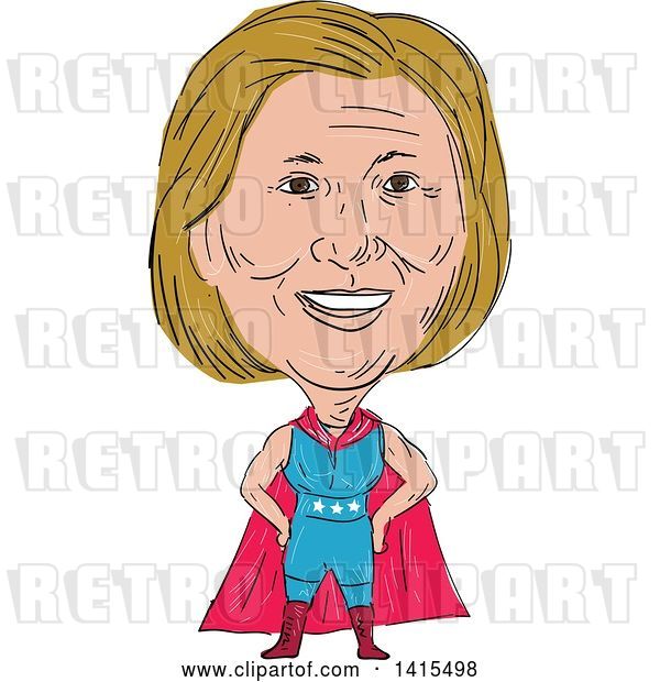 Vector Clip Art of Retro Sketched Caricature of Hillary Clinton in a Super Hero, Wrestler or Luchero Cape