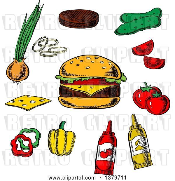 Vector Clip Art of Retro Sketched Cheeseburger and Ingredients