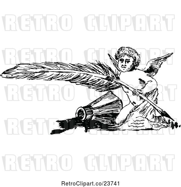 Vector Clip Art of Retro Sketched Cherub with a Feather Quill