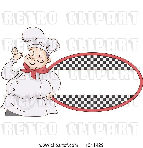 Vector Clip Art of Retro Sketched Chubby White Male Chef Touching the Tip of His Mustache by a Checkered Oval Label
