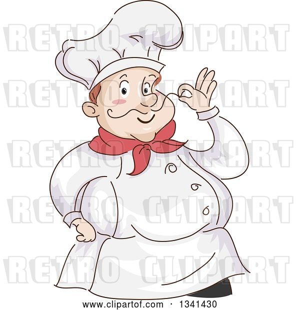 Vector Clip Art of Retro Sketched Chubby White Male Chef Touching the Tip of His Mustache