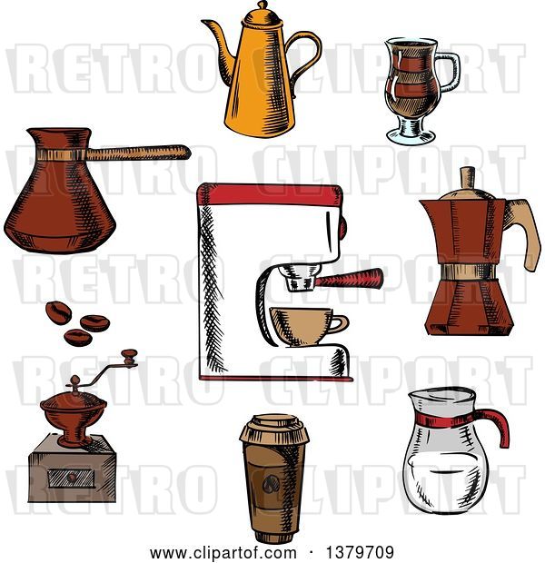 Vector Clip Art of Retro Sketched Circle of Coffee Elements