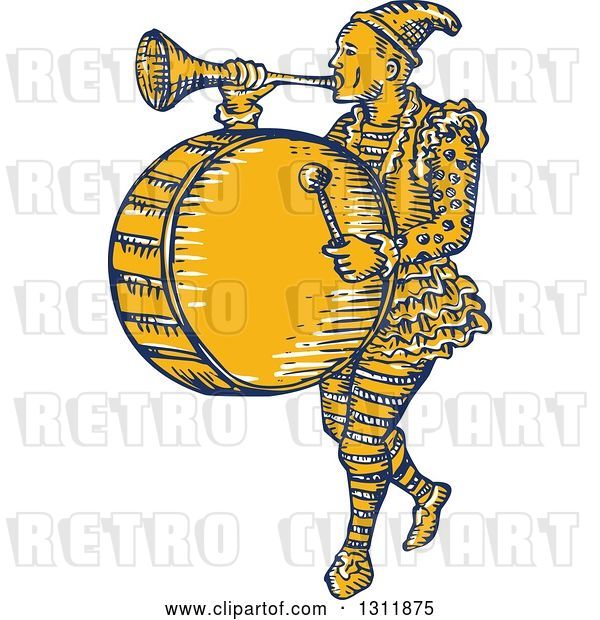 Vector Clip Art of Retro Sketched Clown Playing a Trumpet and Drum